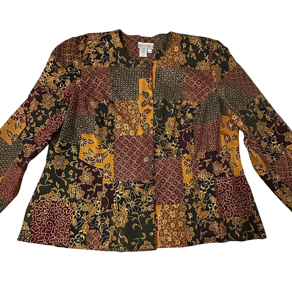 Coldwater Creek Patchwork Silk Jacket Womens 1X Floral Boho Cottagecore Earthy
